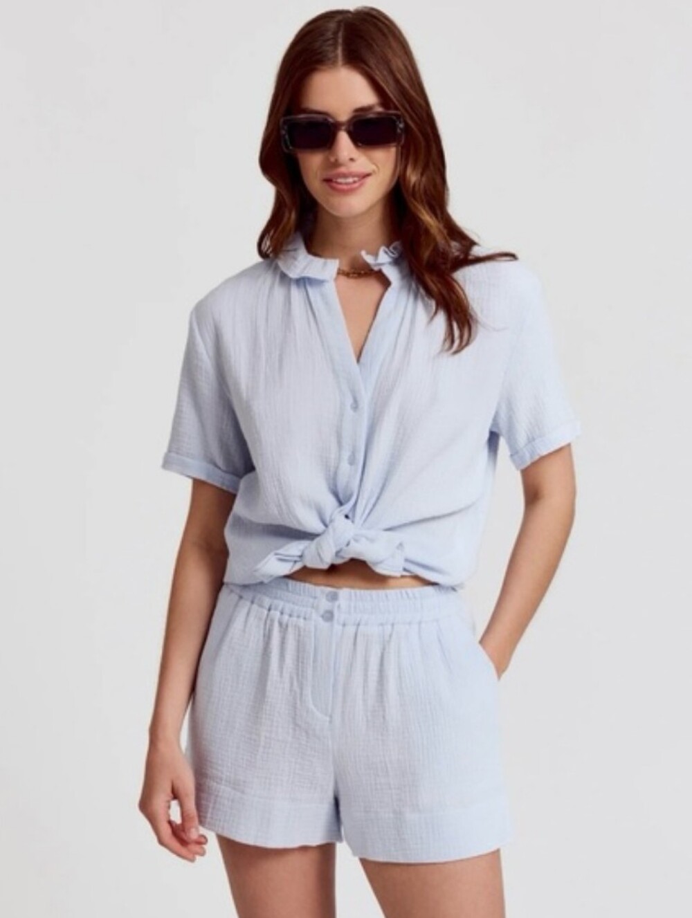 The Shirt by Rochelle Behrens Tuckernuck Light Blue Cotton Gauze Shorts Size XS